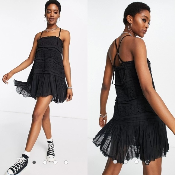 Free People Black Shailee slip mini dress with cami straps pleated hem sz Small - Picture 7 of 16